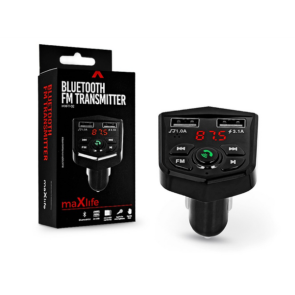 Maxlife Bluetooth FM-transmitter/szivargyújtó töltő - 2xUSB + microSD kártyaolvasó - Maxlife MXFT-02 - 5V/3.1A - fekete (TF-0020)