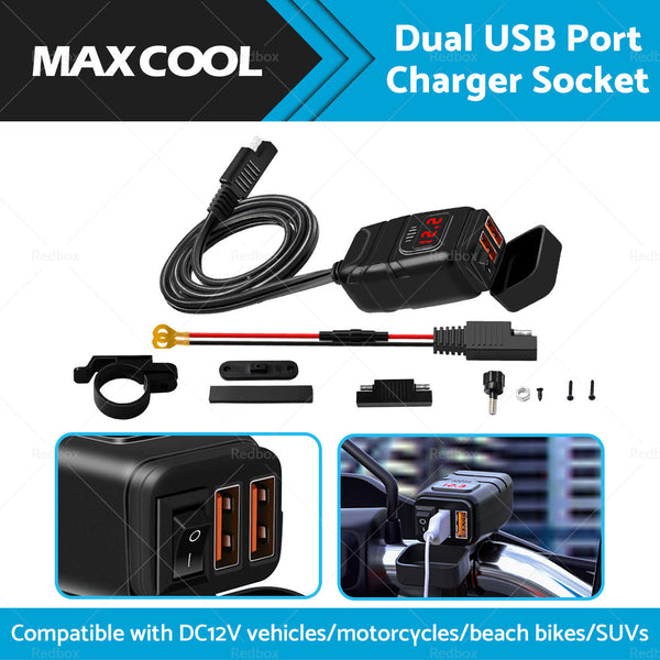Dual USB Port Motorcycle Fast Charger Socket LED Voltmeter Display ON OFF Switch-0
