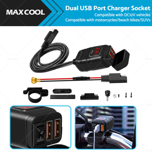 Dual USB Port Motorcycle Fast Charger Socket LED Voltmeter Display ON OFF Switch-1